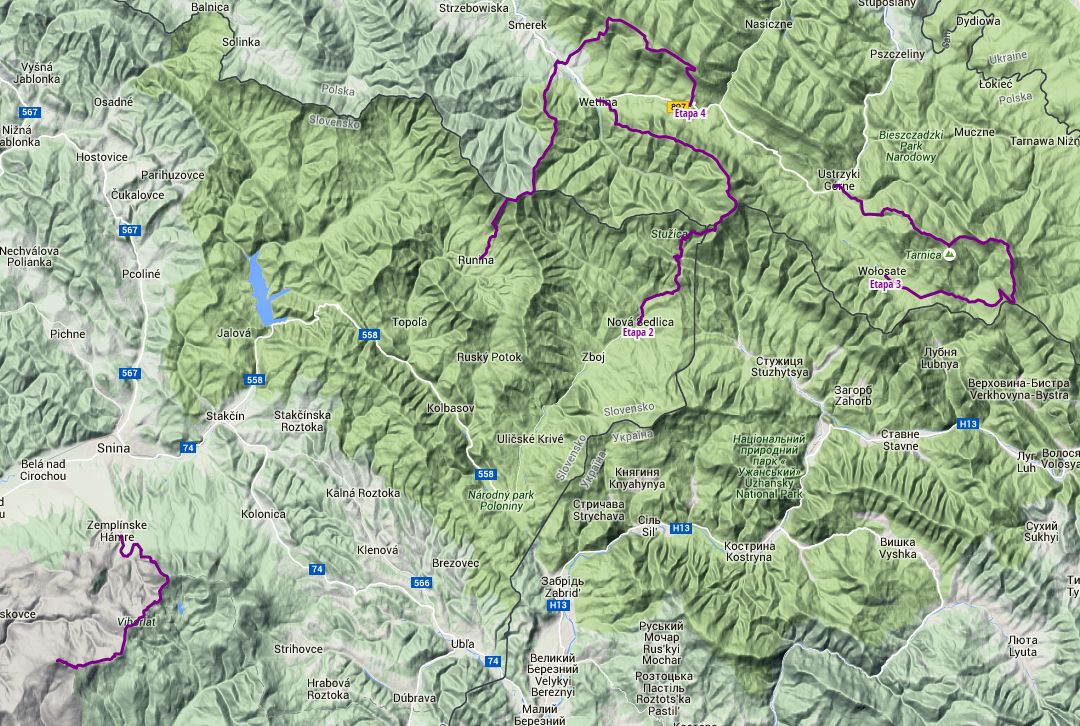 Trasa v 4 etapách: 83 km | stúpanie 3131 m | klesanie 14989 m. Klikni na obrázok pre zobrazenie trasy na Hiking.sk.